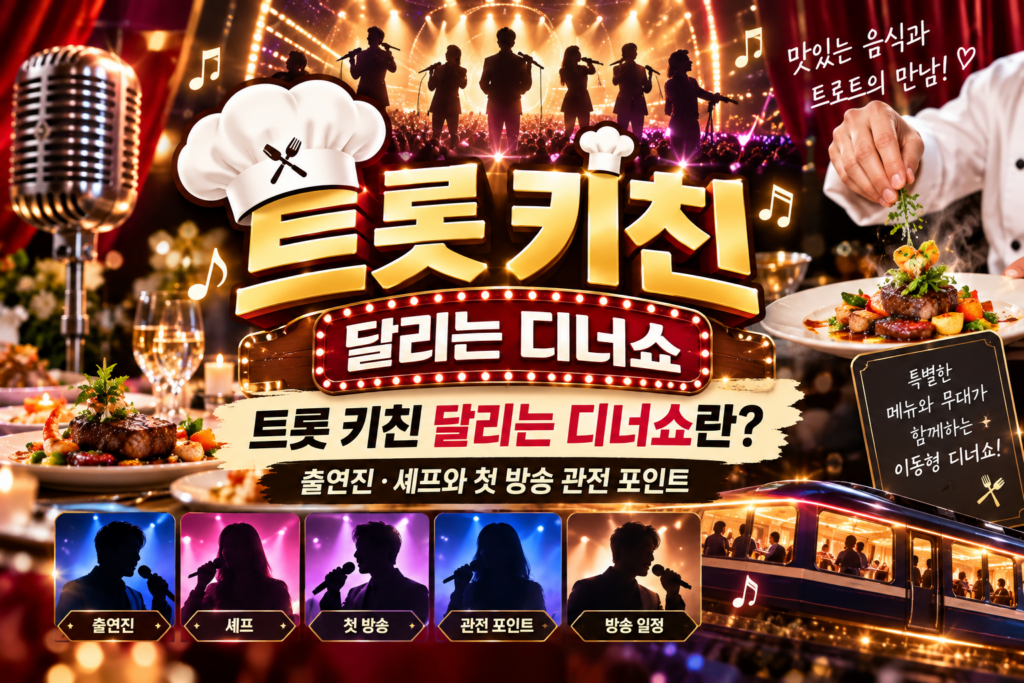 트롯 키친 달리는 디너쇼 출연진과 셰프, 첫 방송 정보를 소개하는 음식 트럭과 마이크 일러스트